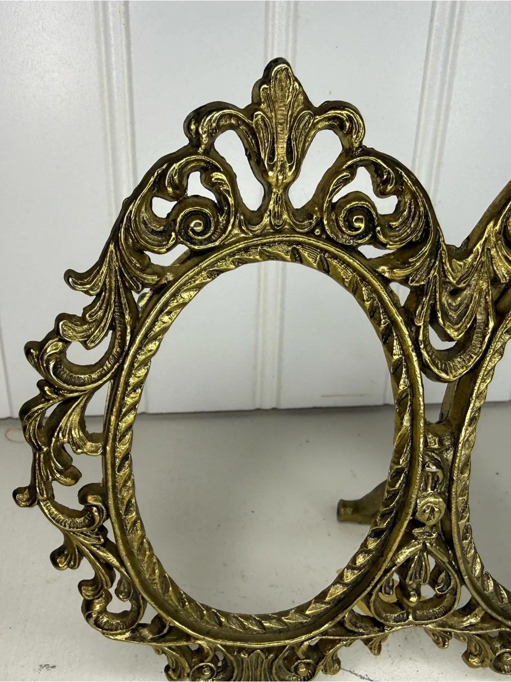 Antique Brass Tone Double Oval Frame with Stand, Vintage Art Nouveau Ornate Fram